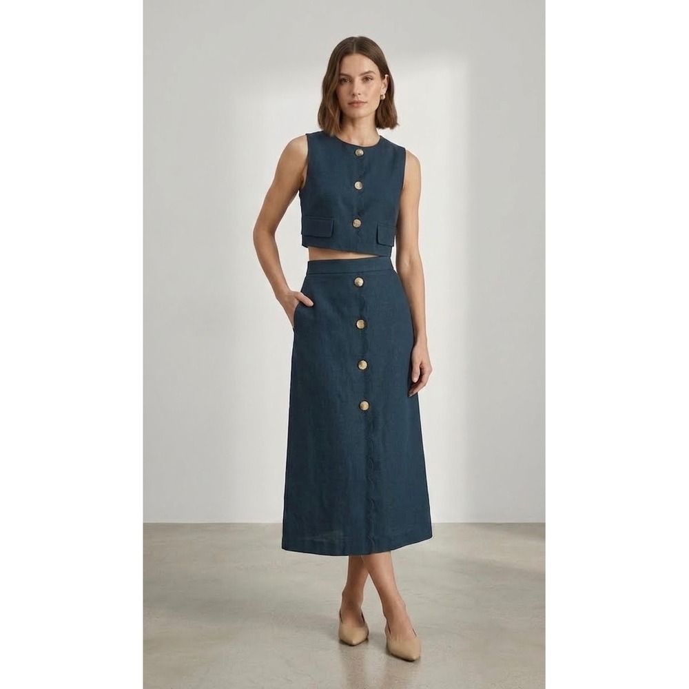 Commense Navy Linen Blend Vest & Midi Skirt Set L Scalloped Placket Quiet Luxury - Picture 8 of 8